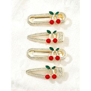 4 PIECE RHINESTONE & CHERRY DECOR HAIR CLIP SET